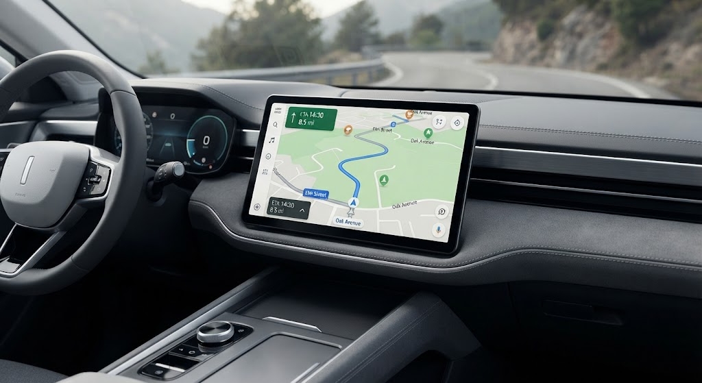 Nawigacja w CarPlay: mapa z trasą na ekranie samochodu