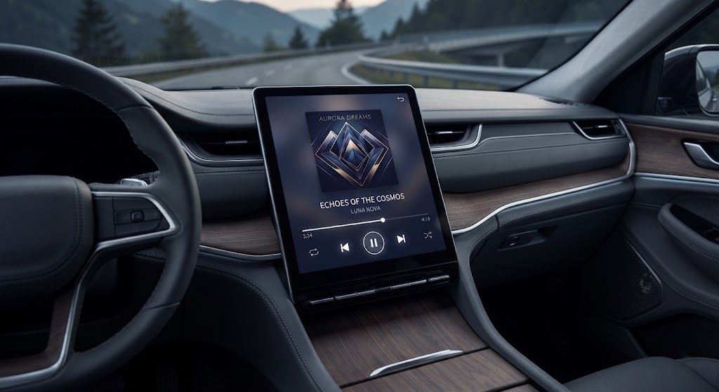 Odtwarzacz muzyki w CarPlay z przyciskami sterowania na ekranie samochodu