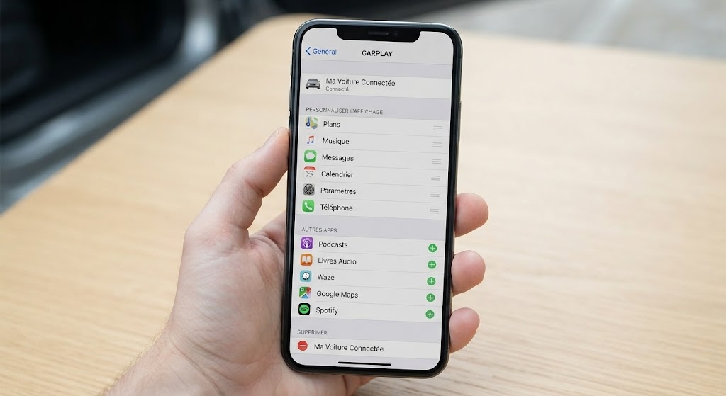 Ustawienia CarPlay na iPhonie z listą aplikacji i przyciskami plus do dodawania aplikacji