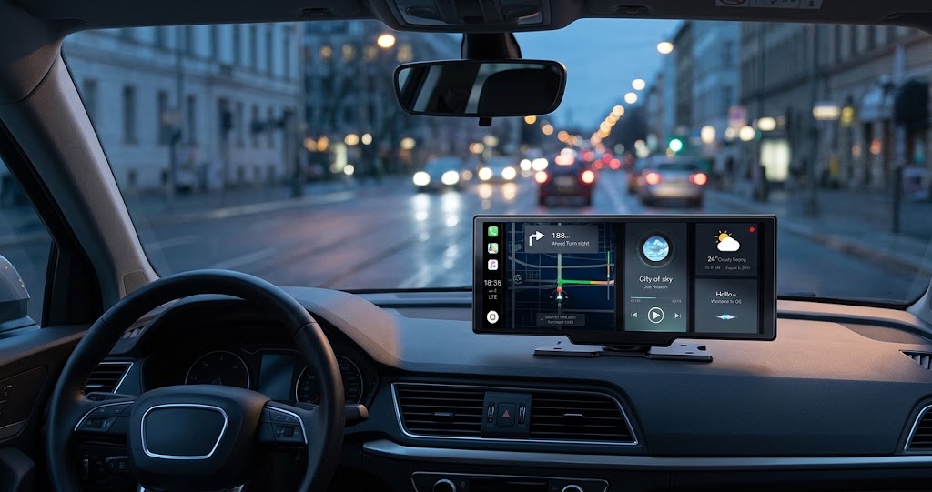 Przenośny ekran CarPlay z kamerą samochodową na desce rozdzielczej auta